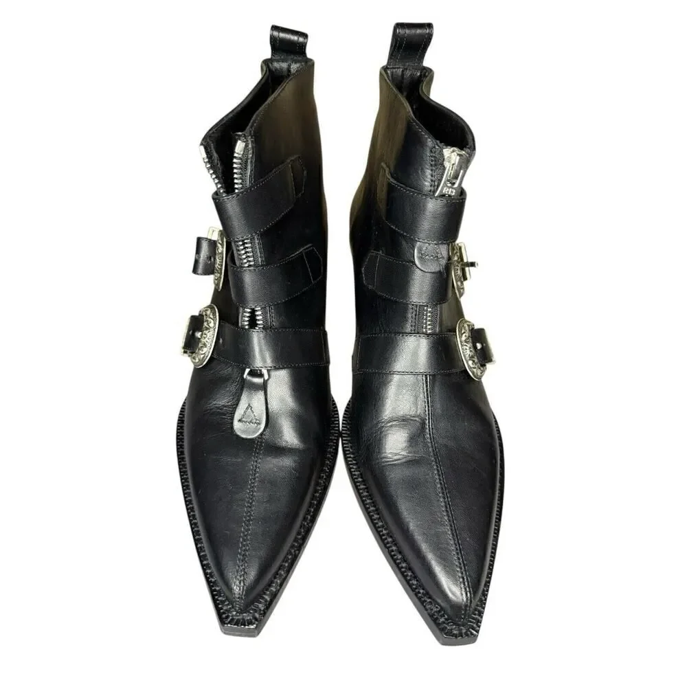 R13 Ankle Three Buckle Boot Black Leather sz 38 $995